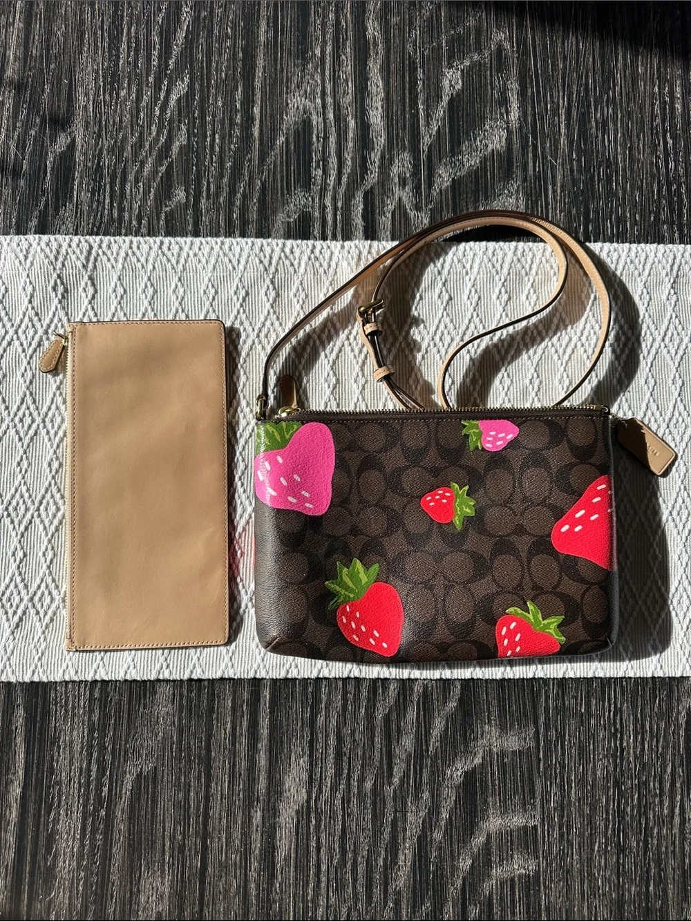Coach Duo Dark Brown Signature Strawberries Coated Leather Crossbody Bag & Pouch